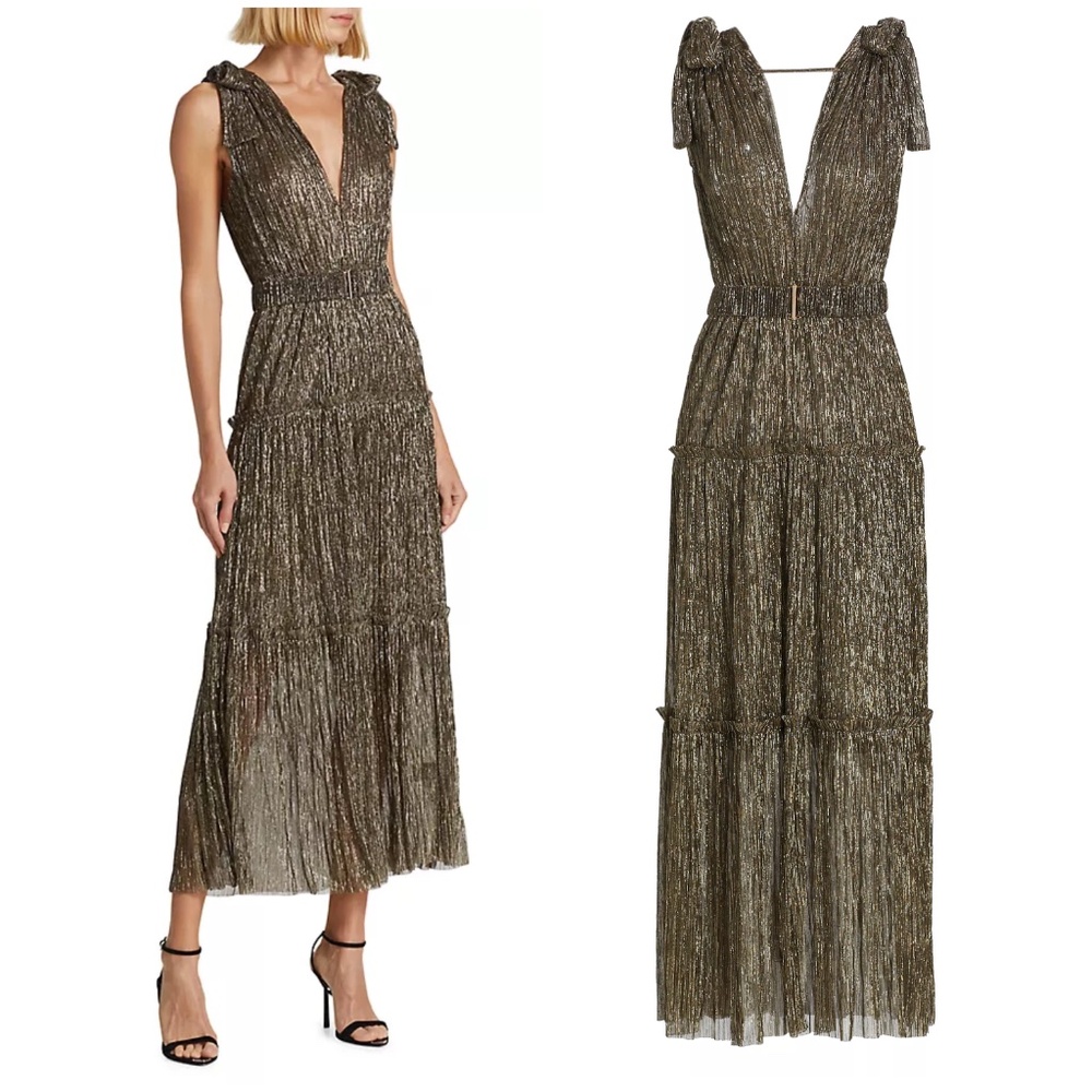 Sabina Musayev Helena Metallic Tiered Maxi Dress with belt - Size Medium